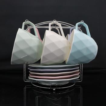 Diamond Shape Porcelain Coffee Tea Set of 6 with Rack, Coffee Cups Set, Tea Cups and Saucers Sets