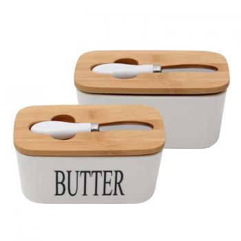 Porcelain Butter Container With Wooden Lid and Knife