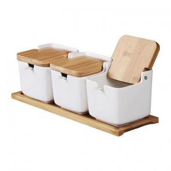 Ceramic Condiment Set with Lids & Spoons on Bamboo Tray